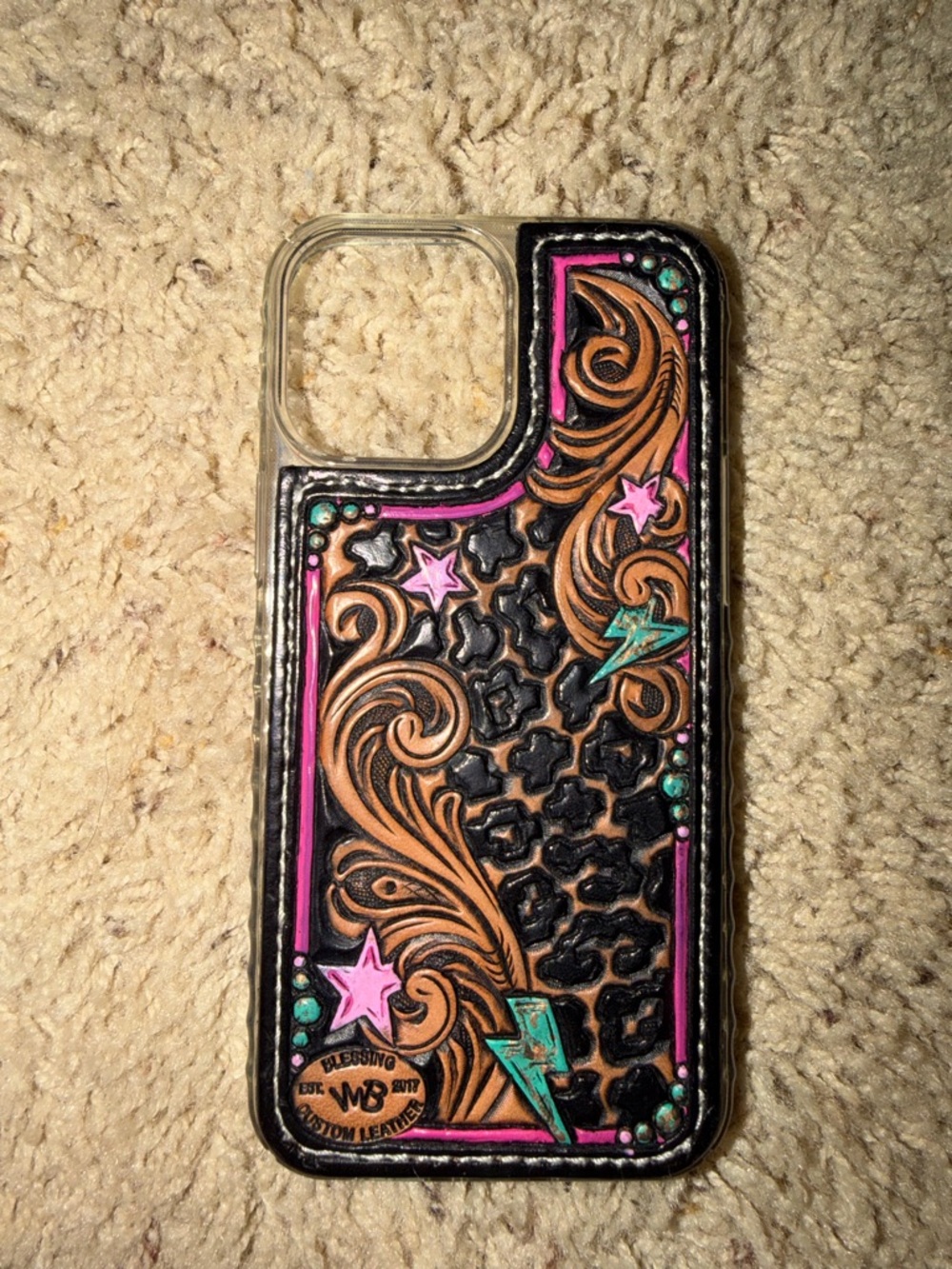 Handcrafted Leather Floral & Star iPhone Case with Pink & Turquoise Accents